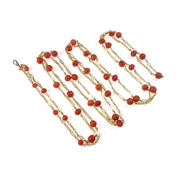 Egyptian 18ct gold and facetted bead long chain necklace.